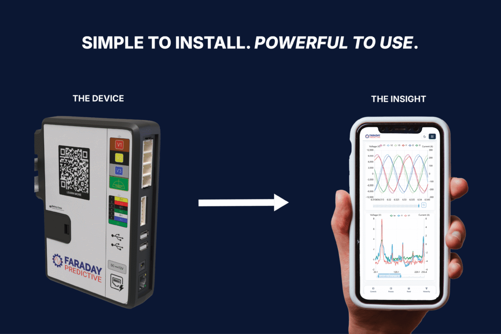 Inpod unit alongside a smartphone showing live motor data, illustrating remote condition monitoring from any device.